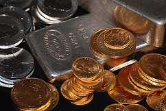 silver bars and gold coins