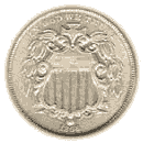 NICKEL FIVE-CENT PIECE 1866-1867 Shield, Rays on Reverse