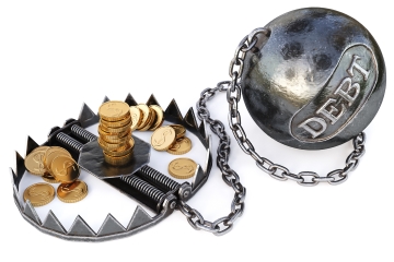 Debt and gold represented by ball and chain