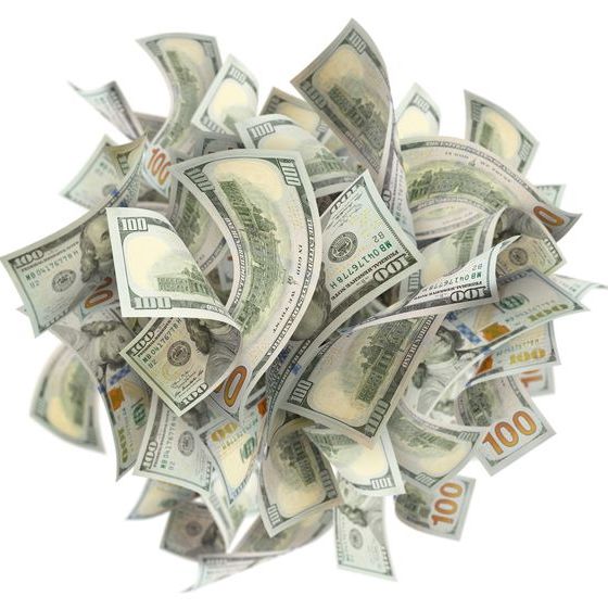 a wad of $100 bills floating midair