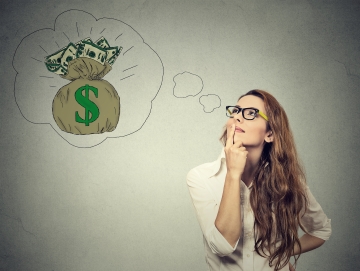 Woman thinking with bag of money in thought bubble