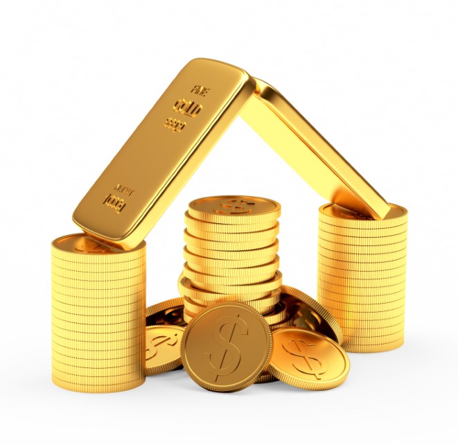 Glass piggy bank filled half-full of gold coins