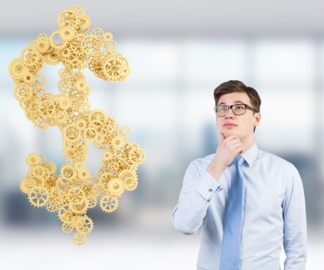 Man thinking with a picture of dollar sign made of cog wheels